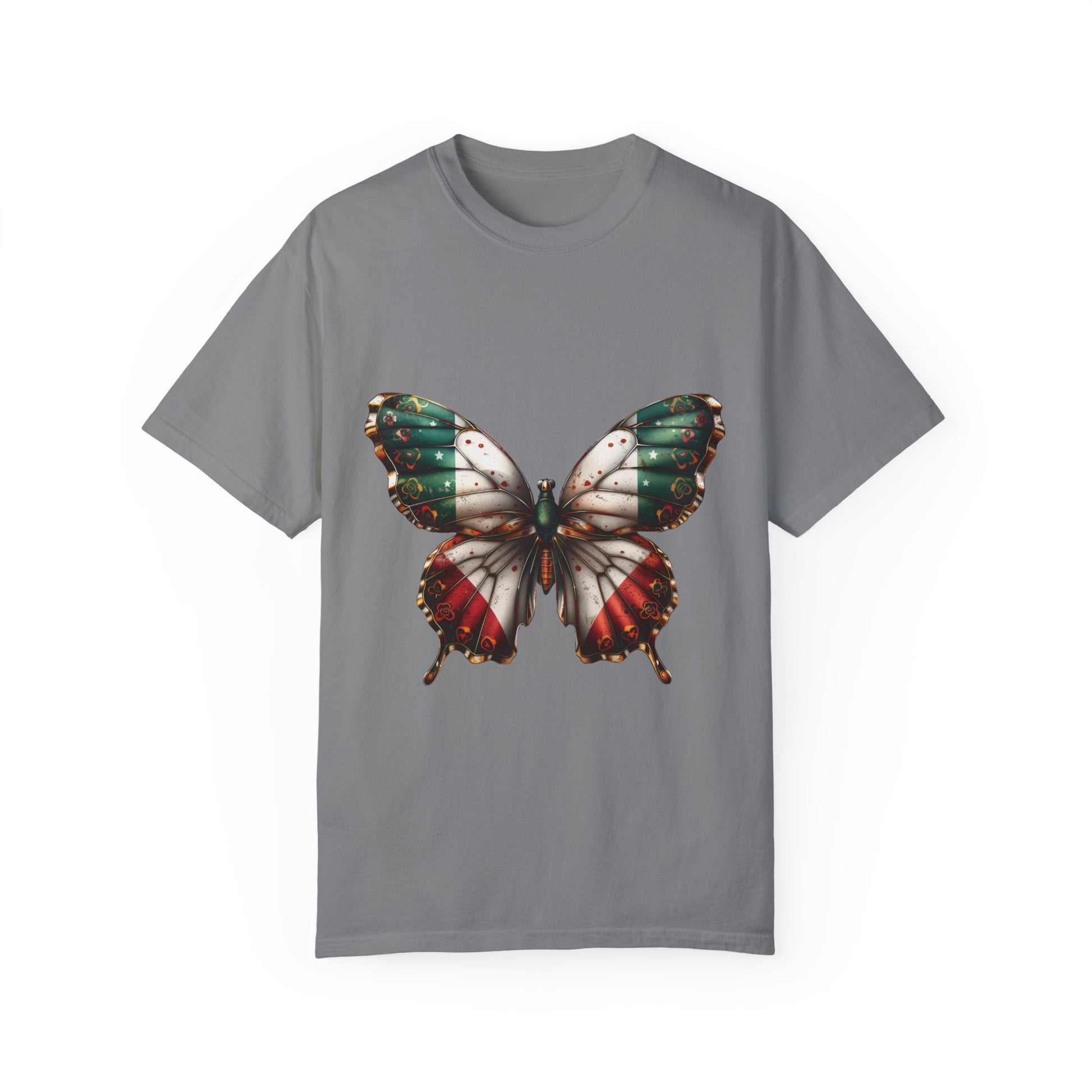 Mexican Pride Flag Butterfly Graphic Unisex Garment Dyed T-shirt Cotton Funny Humorous Graphic Soft Premium Unisex Men Women Grey T-shirt Birthday Gift-9