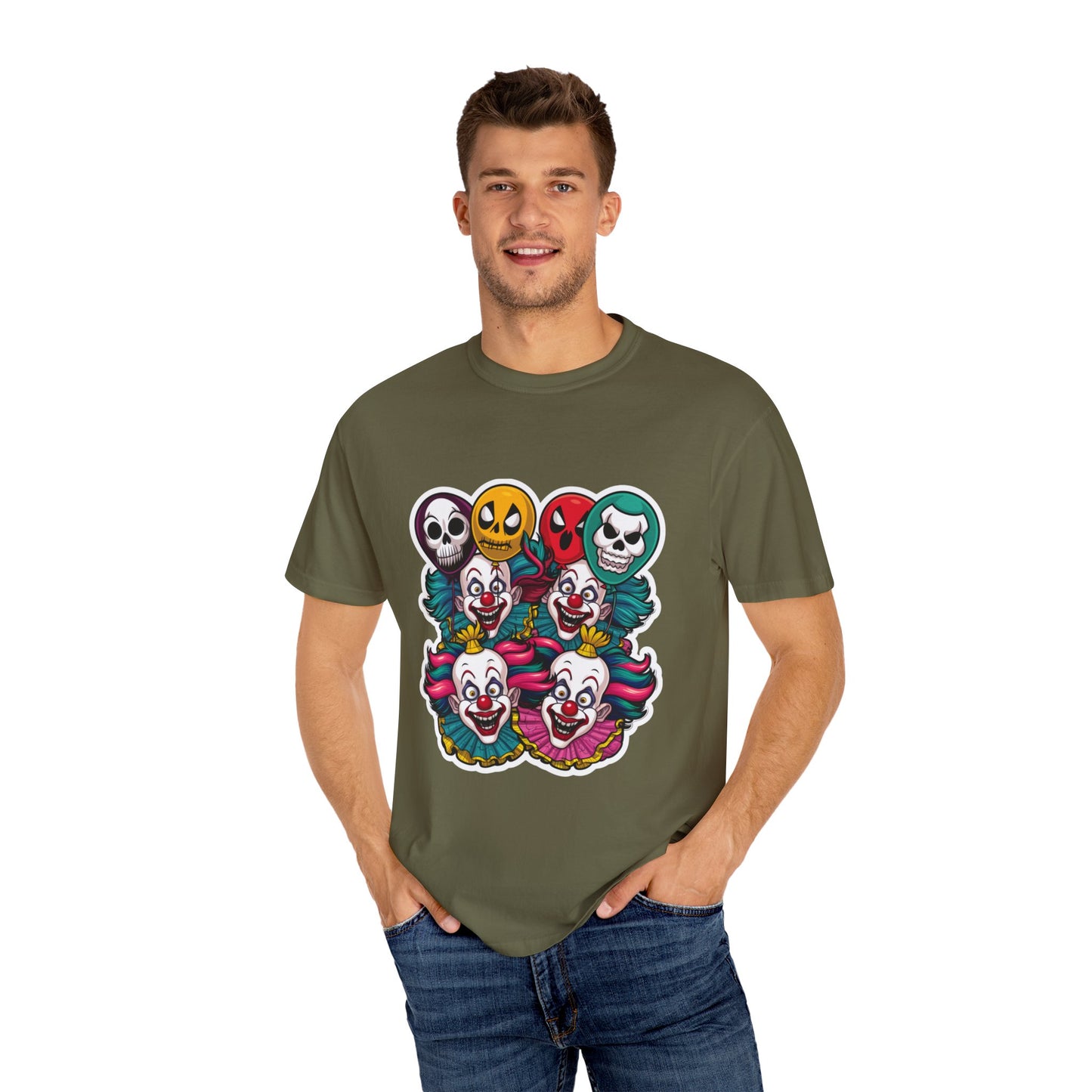 Funny Horror Scary Clown Face Urban Sarcastic Graphic Unisex Garment Dyed T-shirt Cotton Funny Humorous Graphic Soft Premium Unisex Men Women Sage T-shirt Birthday Gift-54