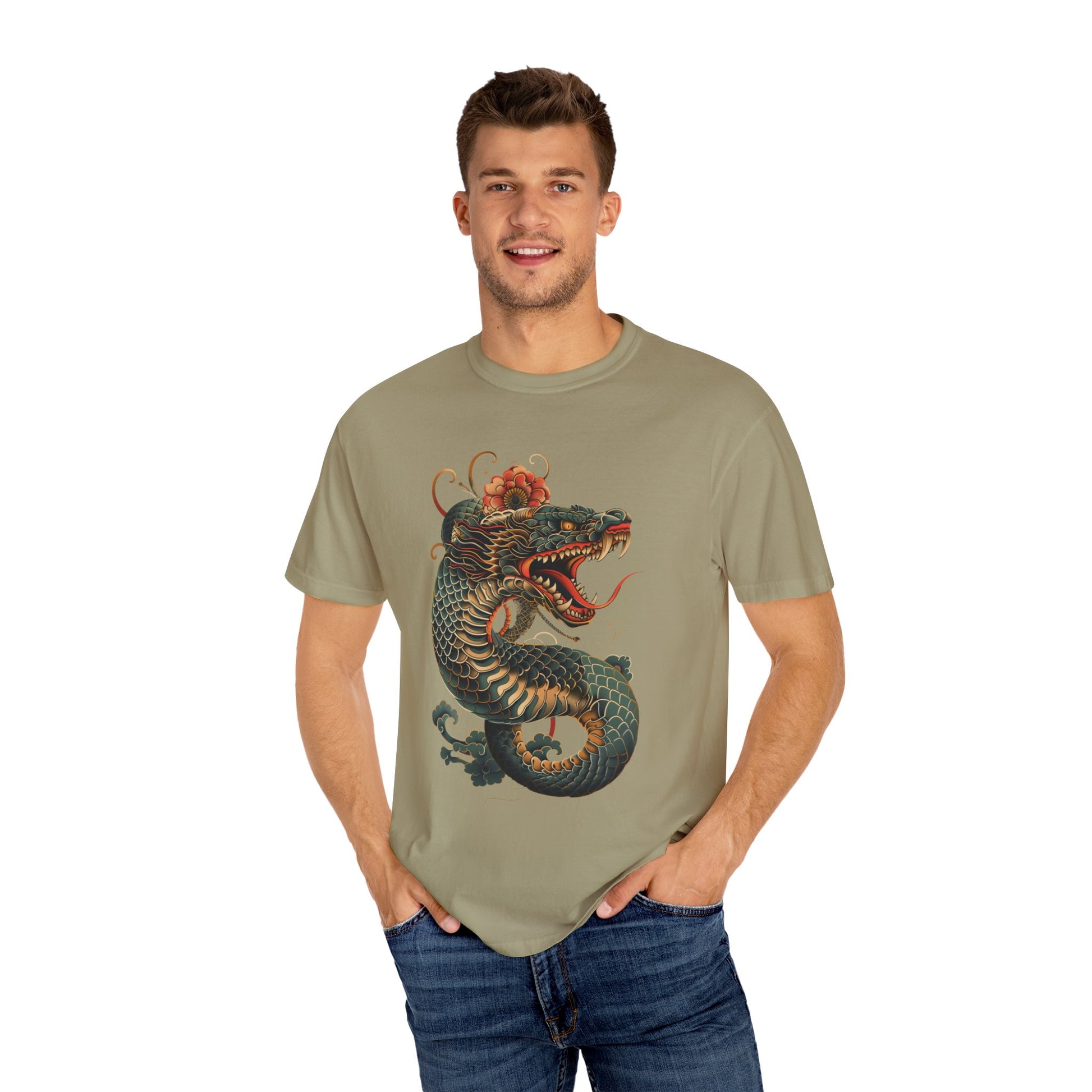 Irezumi Art King Cobra Snake Japanese Tattoo Style Graphic Unisex Garment-dyed T-shirt Cotton Funny Humorous Graphic Soft Premium Unisex Men Women Khaki T-shirt Birthday Gift-48