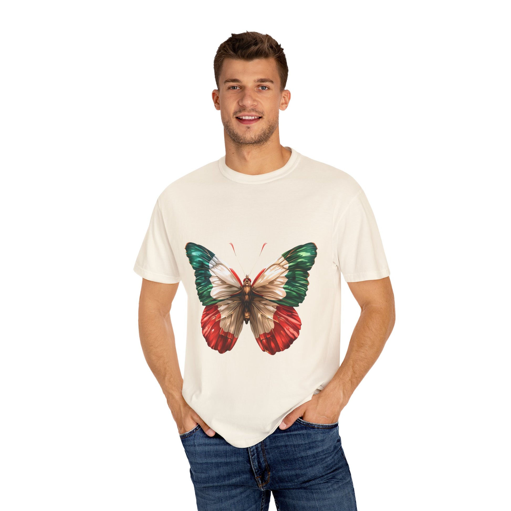 Mexico Flag Butterfly Graphic Unisex Garment Dyed T-shirt Cotton Funny Humorous Graphic Soft Premium Unisex Men Women Ivory T-shirt Birthday Gift-45