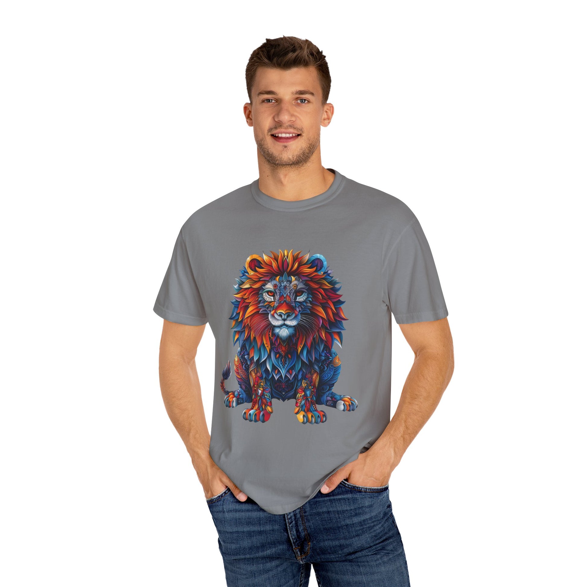 Lion Head Cool Graphic Design Novelty Unisex Garment-dyed T-shirt Cotton Funny Humorous Graphic Soft Premium Unisex Men Women Grey T-shirt Birthday Gift-42