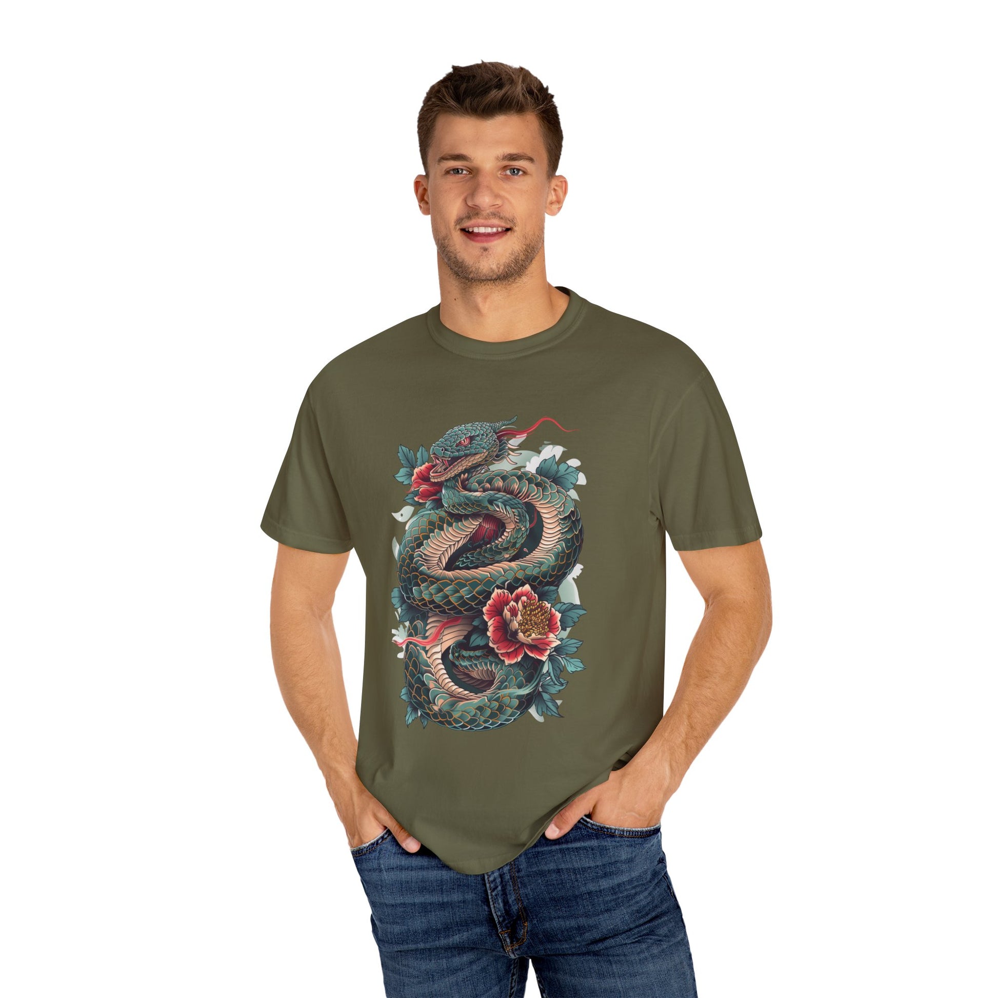 Irezumi Art King Cobra Snake Japanese Tattoo Style Graphic Unisex Garment-dyed T-shirt Cotton Funny Humorous Graphic Soft Premium Unisex Men Women Sage T-shirt Birthday Gift-54