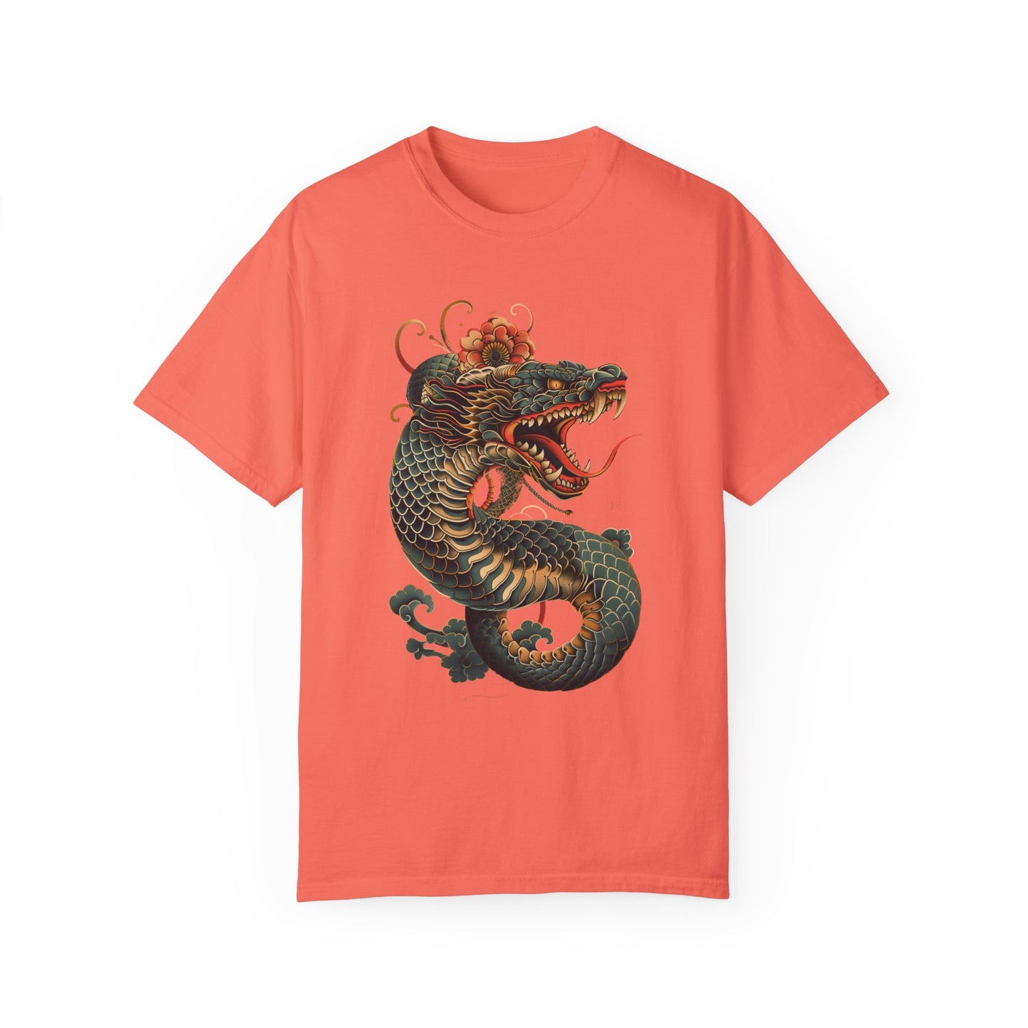 Irezumi Art King Cobra Snake Japanese Tattoo Style Graphic Unisex Garment-dyed T-shirt Cotton Funny Humorous Graphic Soft Premium Unisex Men Women Bright Salmon T-shirt Birthday Gift-6