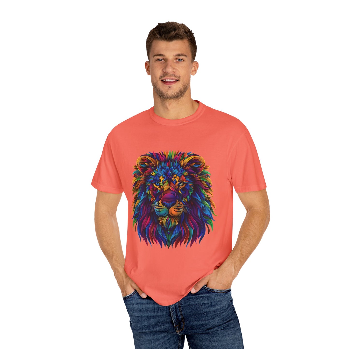 Lion Head Cool Graphic Design Novelty Unisex Garment-dyed T-shirt Cotton Funny Humorous Graphic Soft Premium Unisex Men Women Bright Salmon T-shirt Birthday Gift-33