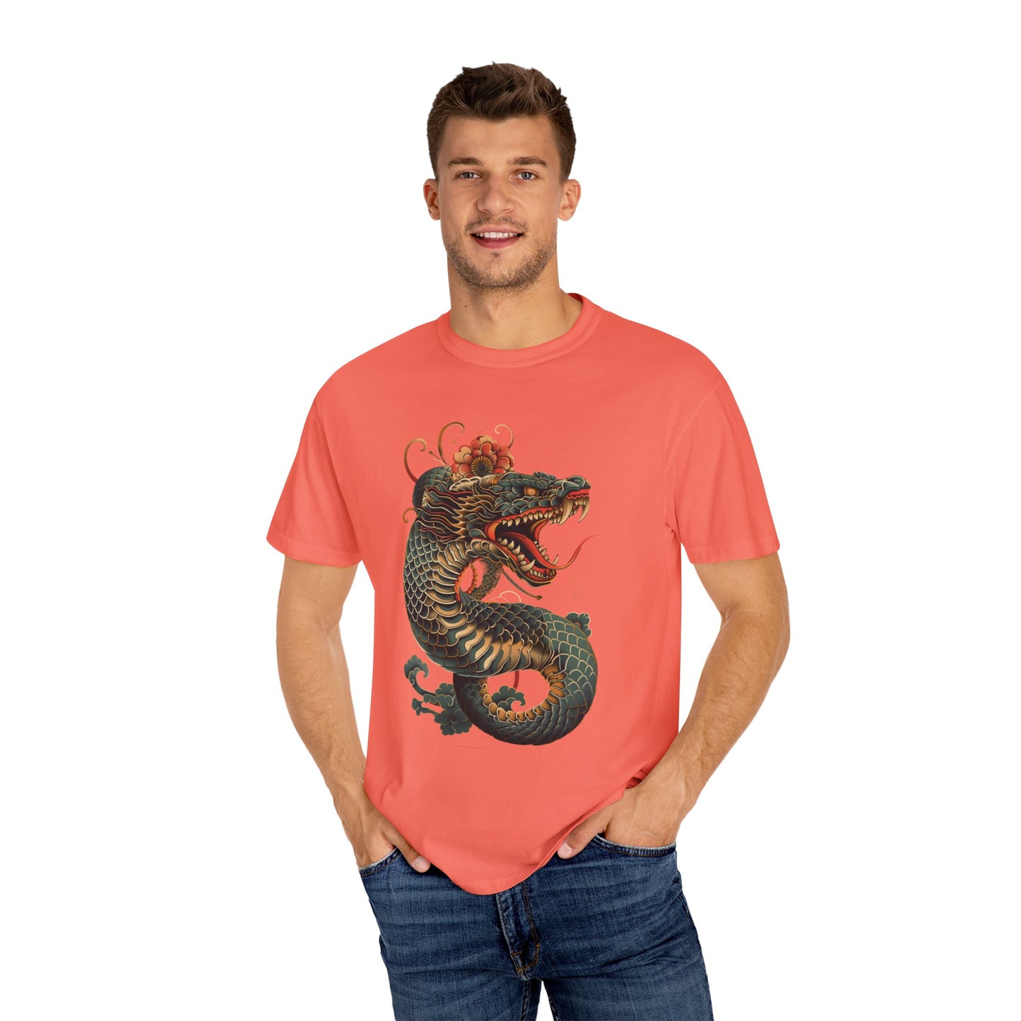 Irezumi Art King Cobra Snake Japanese Tattoo Style Graphic Unisex Garment-dyed T-shirt Cotton Funny Humorous Graphic Soft Premium Unisex Men Women Bright Salmon T-shirt Birthday Gift-33