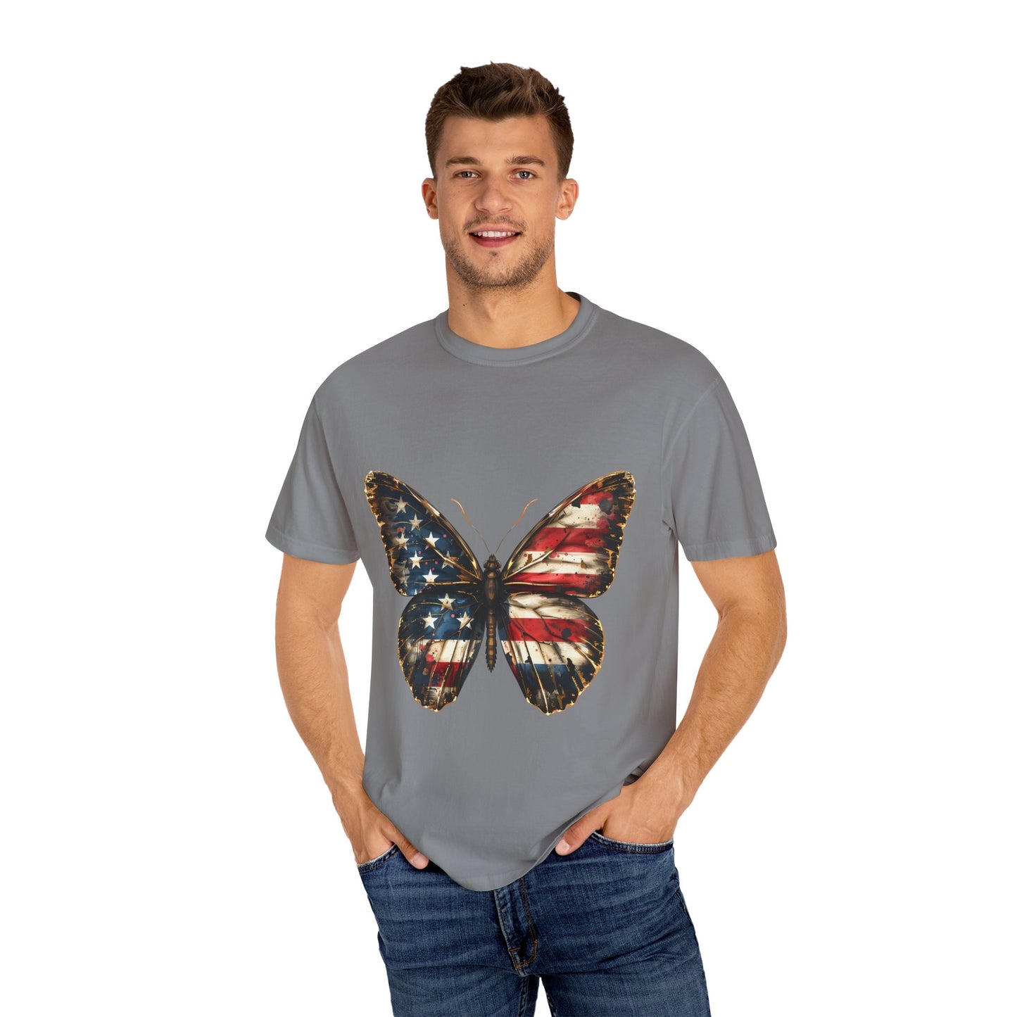American Flag Butterfly Graphic Unisex Garment Dyed T-shirt Cotton Funny Humorous Graphic Soft Premium Unisex Men Women Grey T-shirt Birthday Gift-42