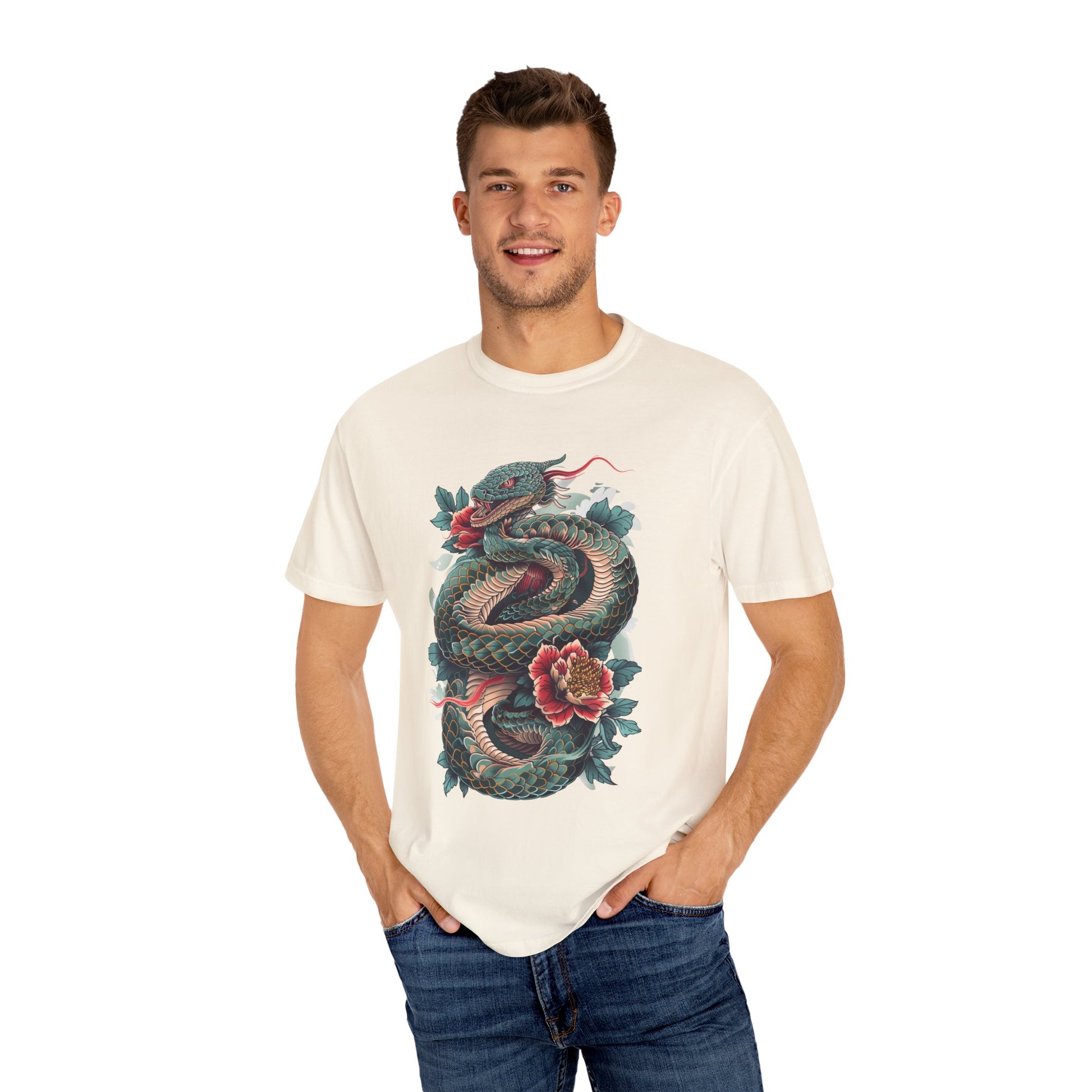 Irezumi Art King Cobra Snake Japanese Tattoo Style Graphic Unisex Garment-dyed T-shirt Cotton Funny Humorous Graphic Soft Premium Unisex Men Women Ivory T-shirt Birthday Gift-45