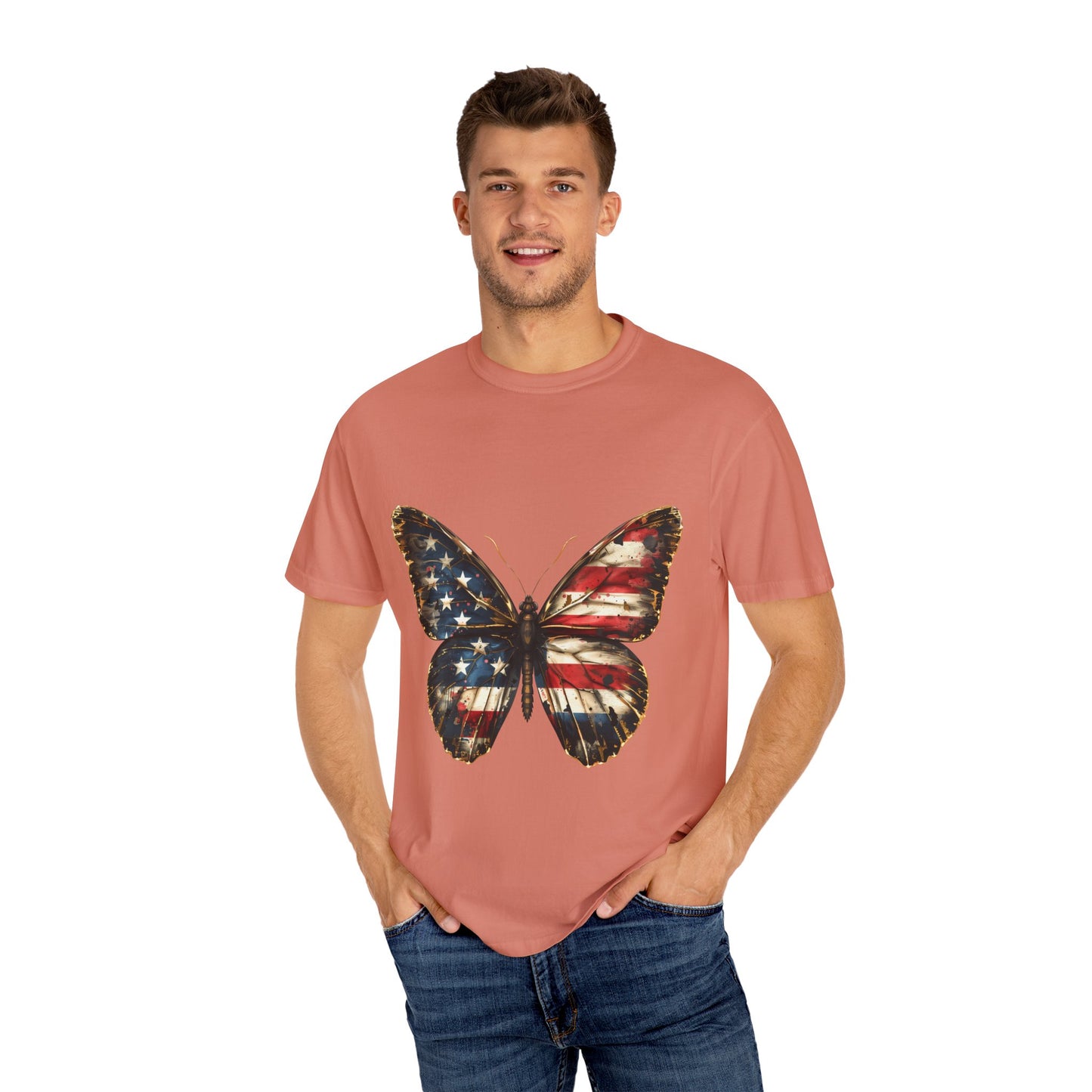 American Flag Butterfly Graphic Unisex Garment Dyed T-shirt Cotton Funny Humorous Graphic Soft Premium Unisex Men Women Terracotta T-shirt Birthday Gift-57