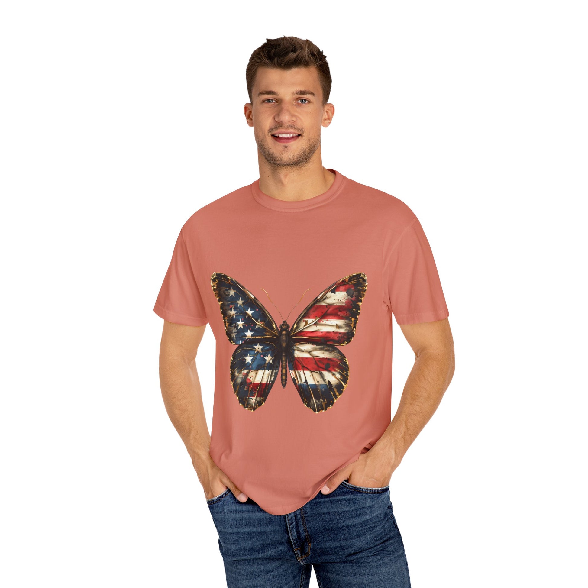 American Flag Butterfly Graphic Unisex Garment Dyed T-shirt Cotton Funny Humorous Graphic Soft Premium Unisex Men Women Terracotta T-shirt Birthday Gift-57