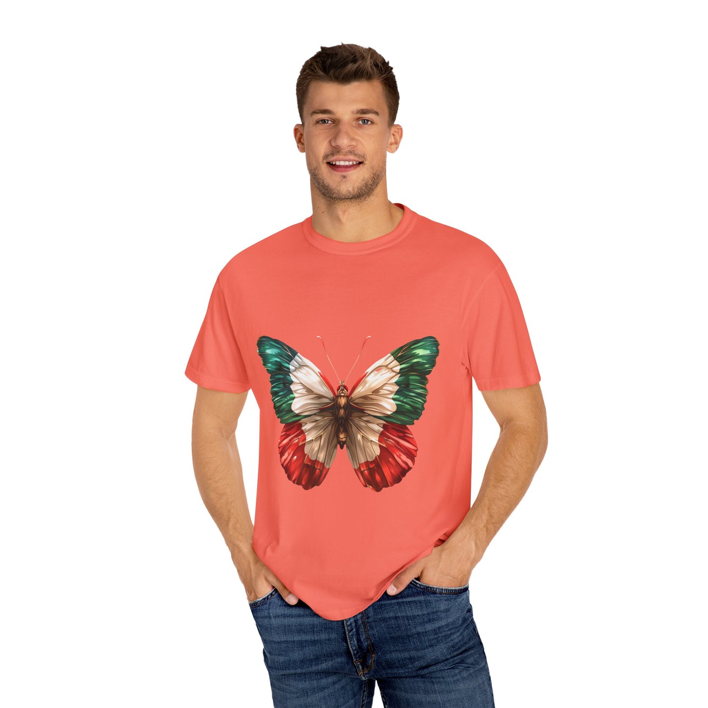 Mexico Flag Butterfly Graphic Unisex Garment Dyed T-shirt Cotton Funny Humorous Graphic Soft Premium Unisex Men Women Bright Salmon T-shirt Birthday Gift-33