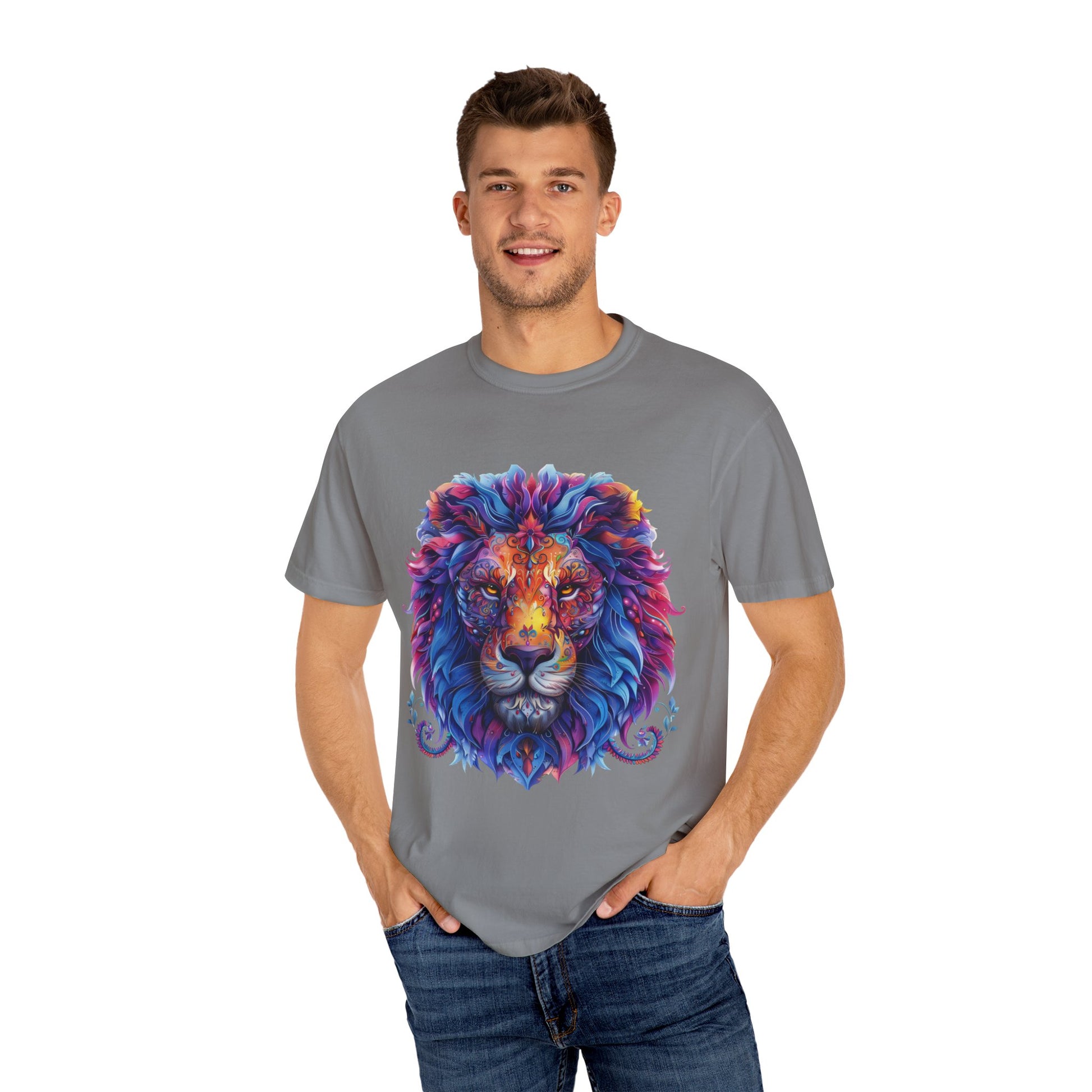 Lion Head Cool Graphic Design Novelty Unisex Garment-dyed T-shirt Cotton Funny Humorous Graphic Soft Premium Unisex Men Women Grey T-shirt Birthday Gift-42