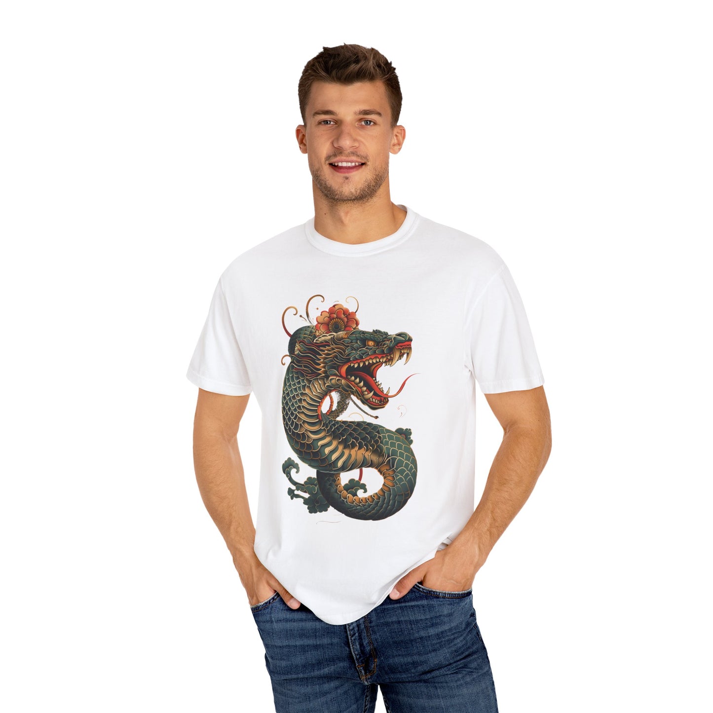 Irezumi Art King Cobra Snake Japanese Tattoo Style Graphic Unisex Garment-dyed T-shirt Cotton Funny Humorous Graphic Soft Premium Unisex Men Women White T-shirt Birthday Gift-24