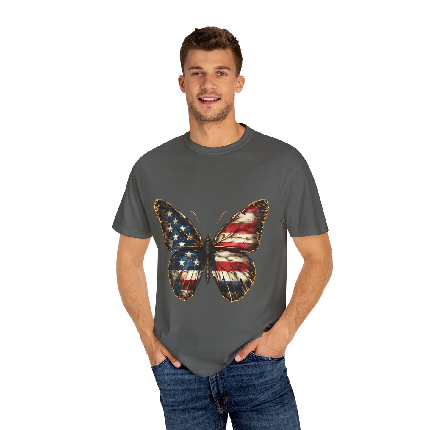 American Flag Butterfly Graphic Unisex Garment Dyed T-shirt Cotton Funny Humorous Graphic Soft Premium Unisex Men Women Graphite T-shirt Birthday Gift-51