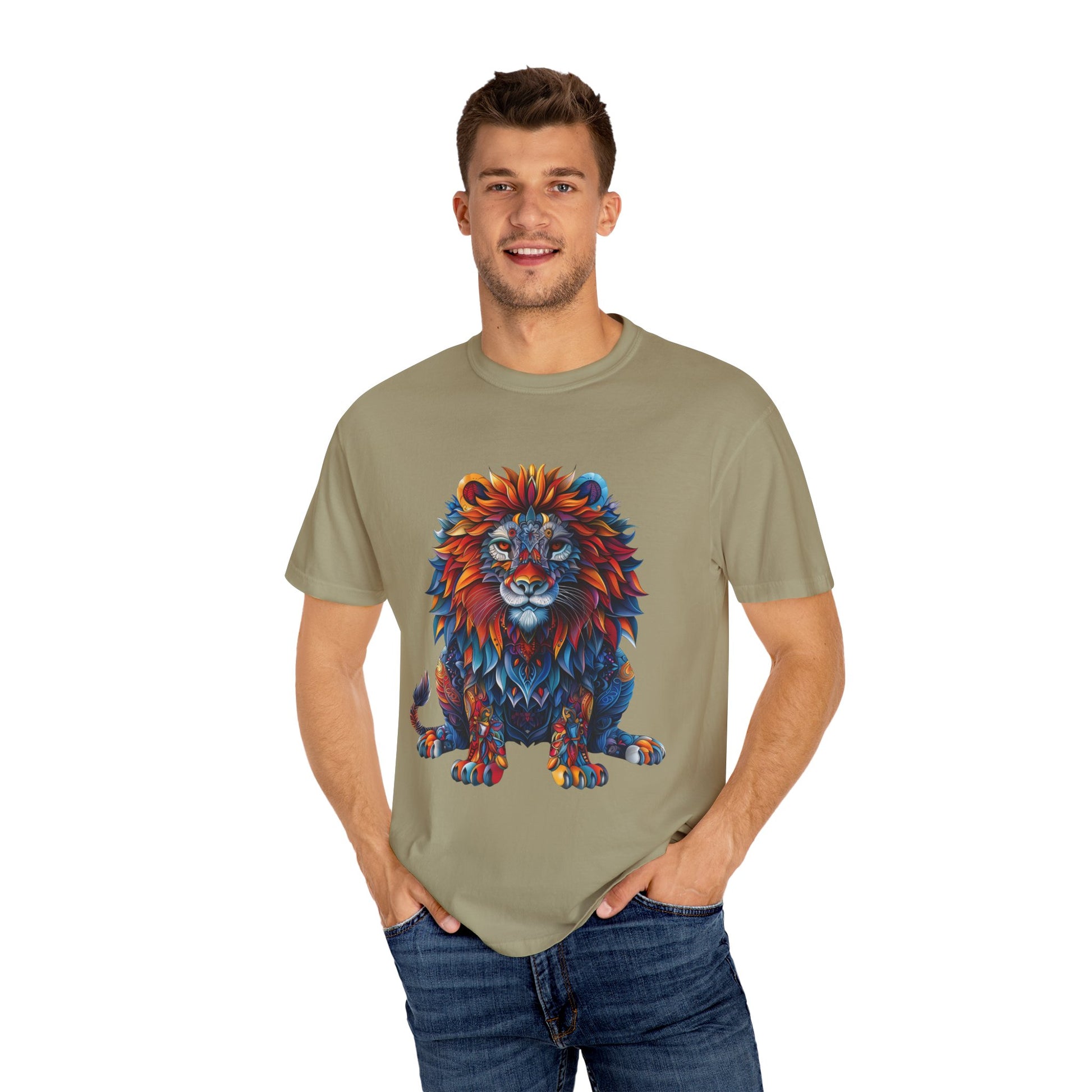 Lion Head Cool Graphic Design Novelty Unisex Garment-dyed T-shirt Cotton Funny Humorous Graphic Soft Premium Unisex Men Women Khaki T-shirt Birthday Gift-48